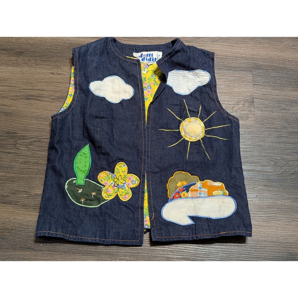 Dotti Didit Applique Denim Vest Womens 10 Sun Cloud Floral Vintage 70s Hippie